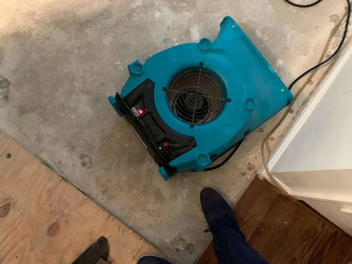 Air mover drying subfloor during Leak Detection & Repair in Isanti